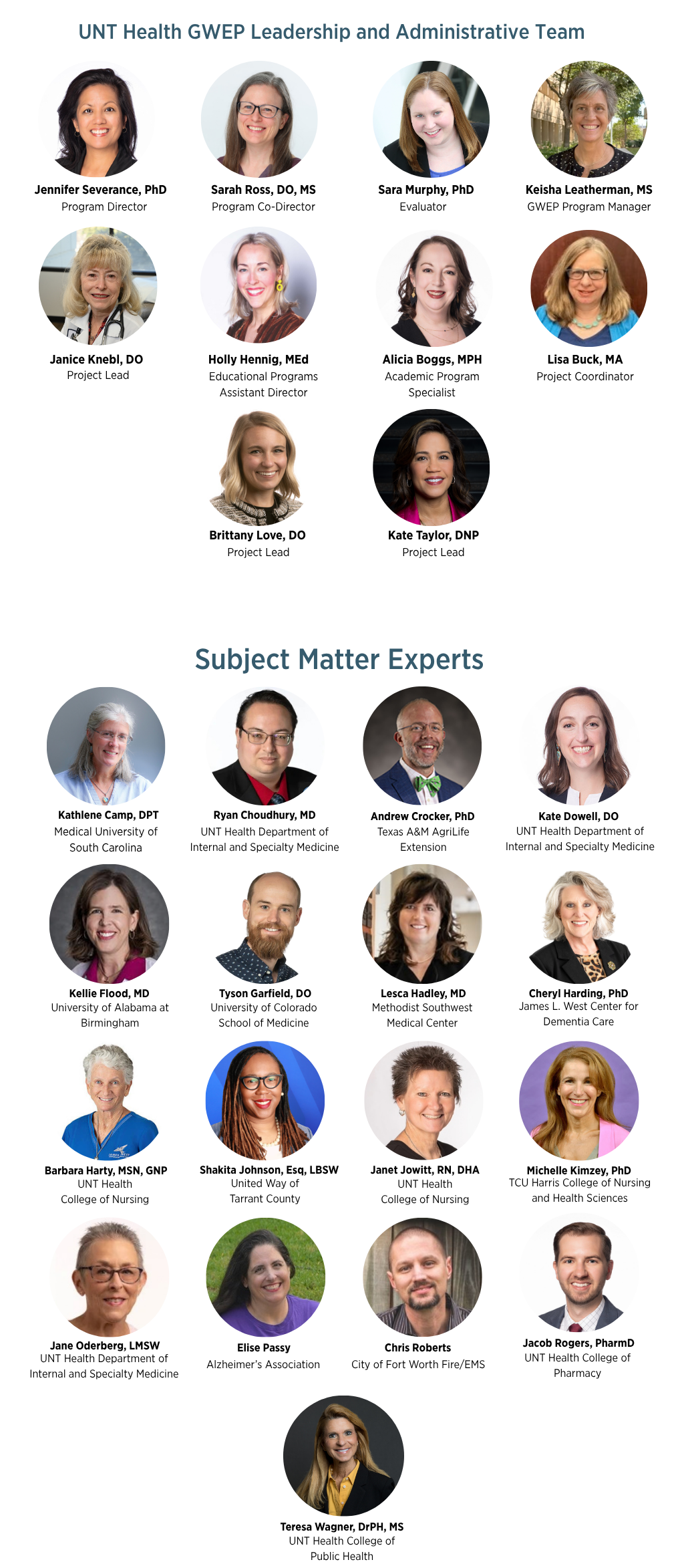 UNT Health GWEP Leadership and Administrative Team and Subject Matter Expert Team